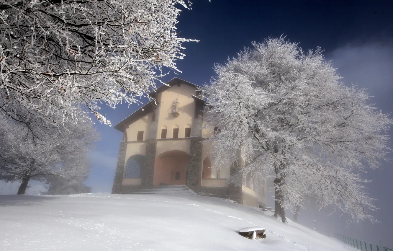 Photo wallpaper winter, landscape, house, tree