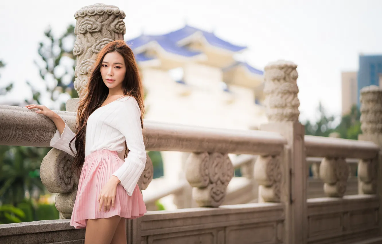 Photo wallpaper look, girl, pose, skirt, blouse, Asian, bokeh