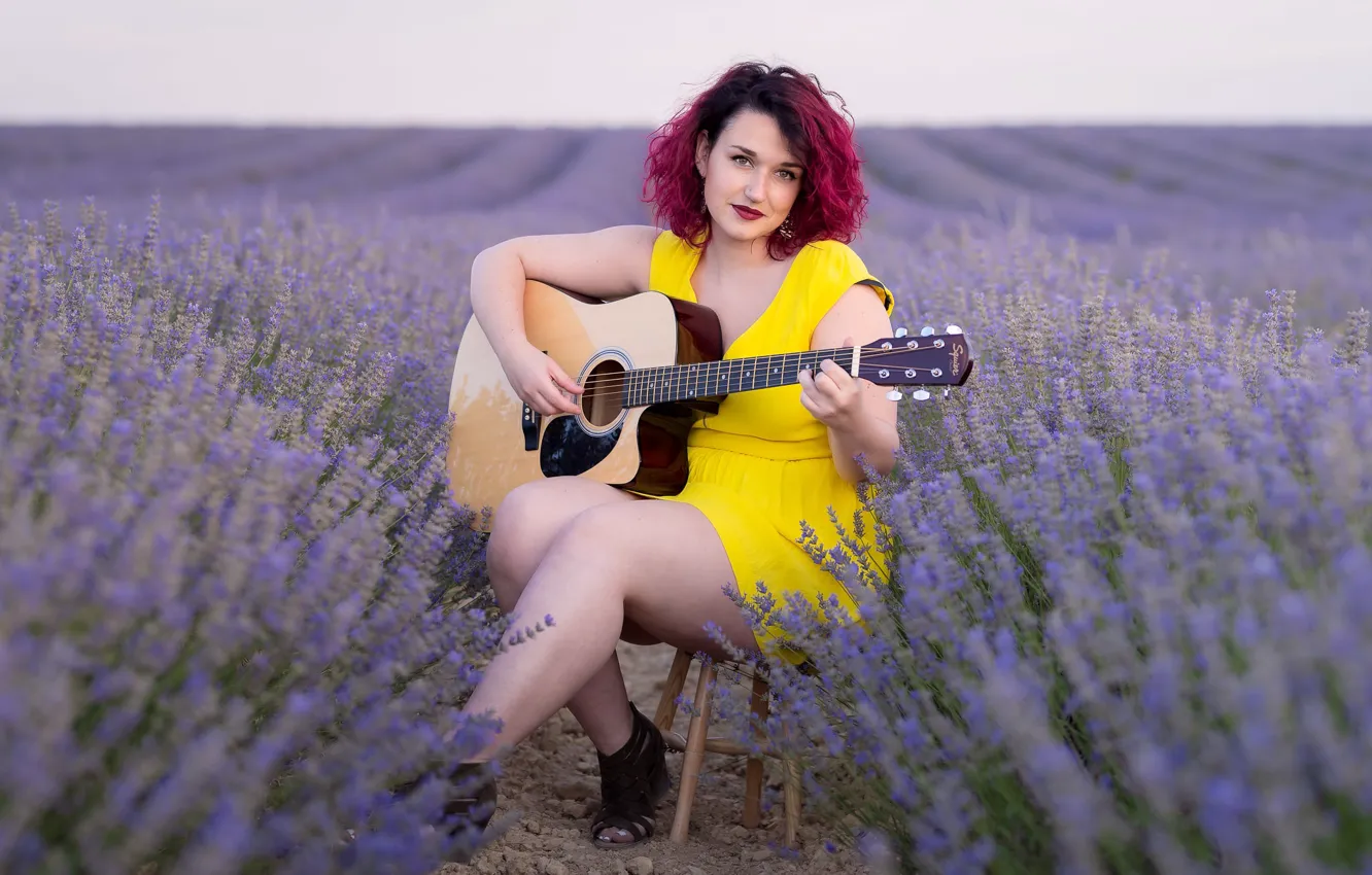 Photo wallpaper girl, music, guitar, lavender