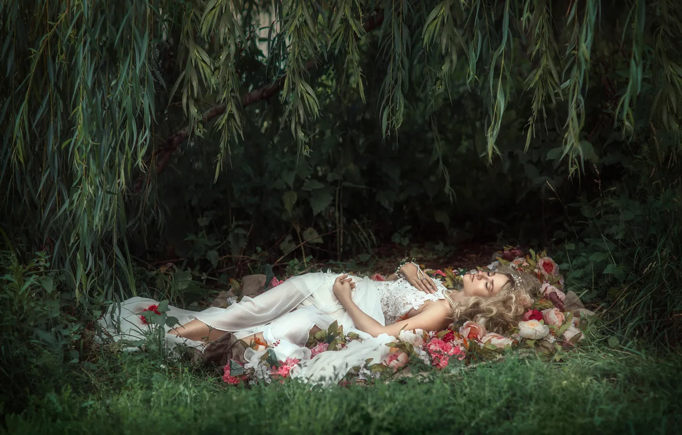 Photo wallpaper girl, flowers, nature, pose, fantasy, lies, Princess