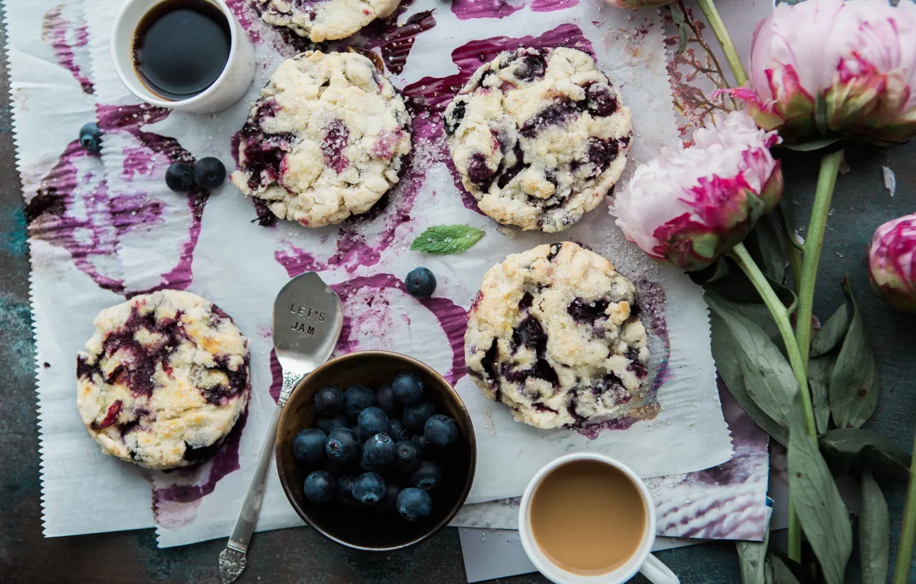 Photo wallpaper flowers, coffee, food, cookies, blueberries, cakes, peonies