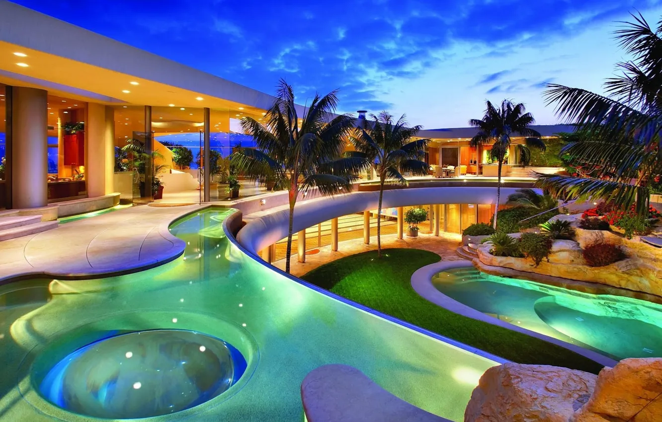 Photo wallpaper house, palm trees, Villa, pool, stones., pool, villa, exterior