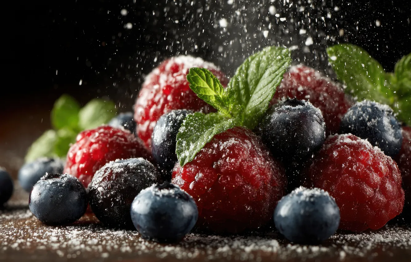 Photo wallpaper leaves, macro, berries, raspberry, table, blueberries, mint, powdered sugar