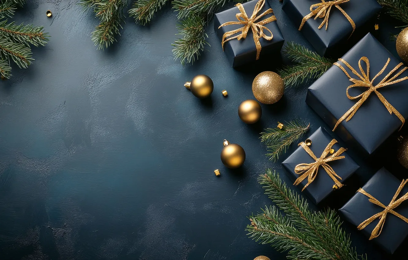 Photo wallpaper balls, branches, blue, box, gift, new year, Christmas, gold