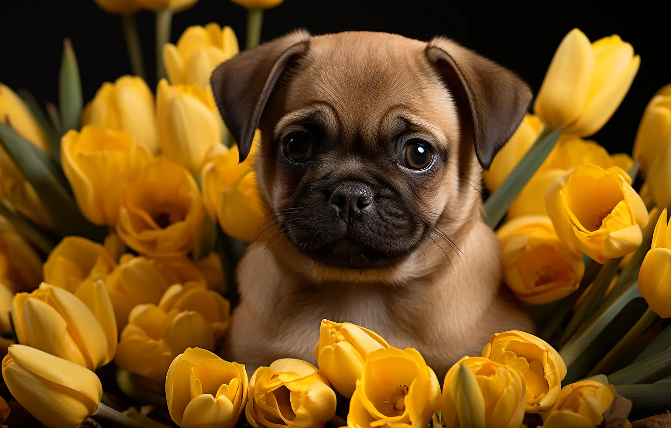 Photo wallpaper look, flowers, yellow, the dark background, portrait, dog, bouquet, spring