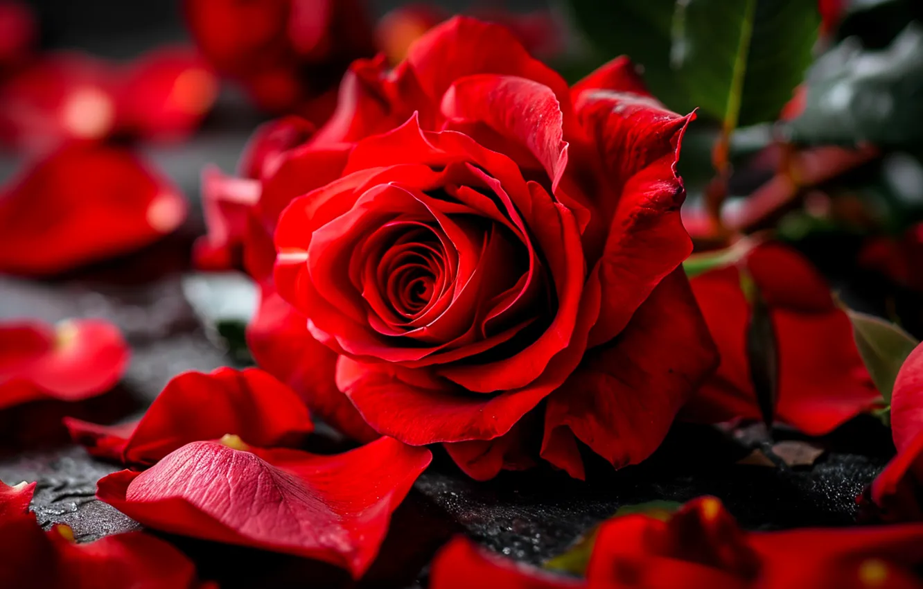 Photo wallpaper macro, flowers, red, the dark background, roses, petals, bokeh, AI art