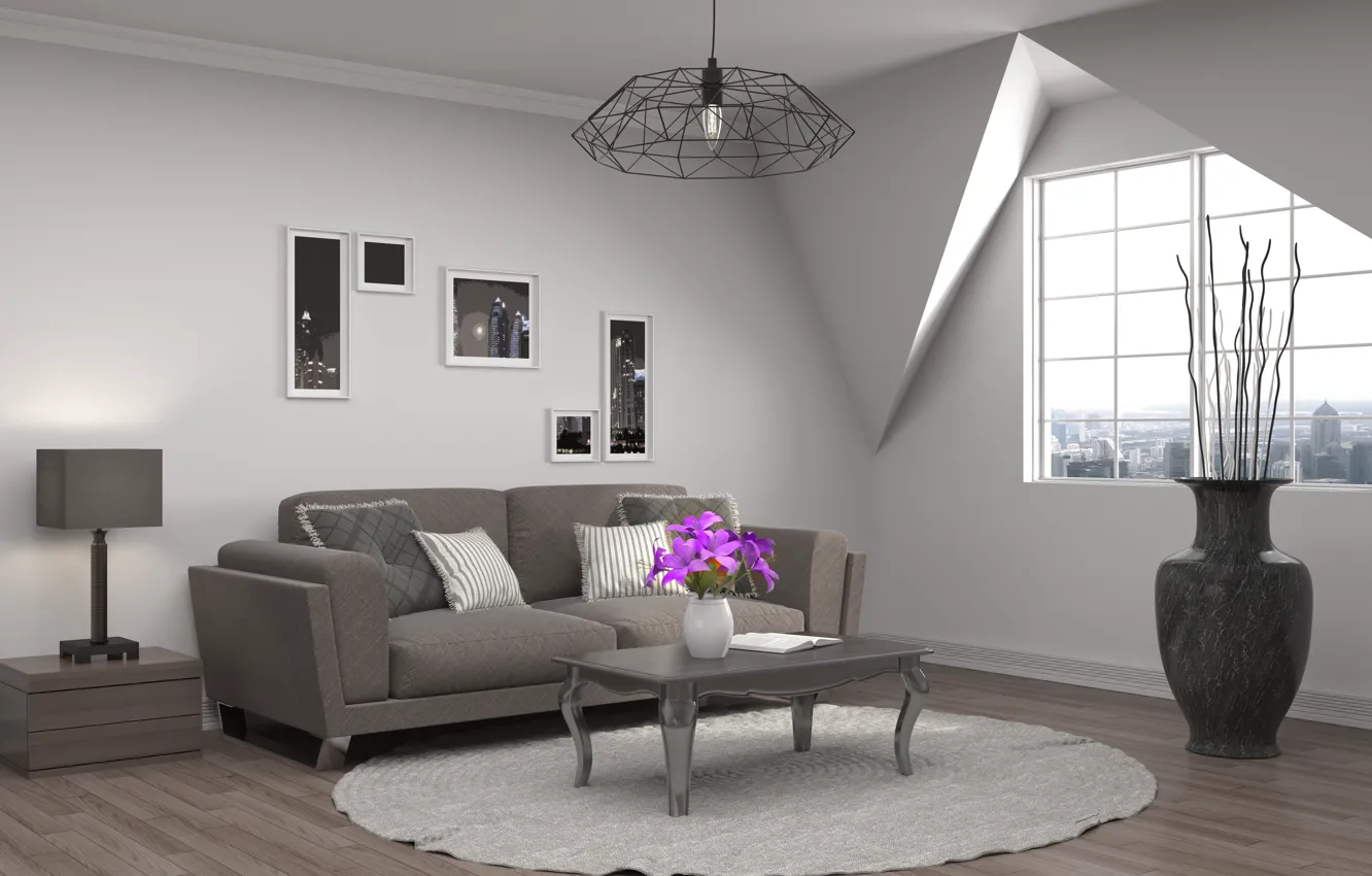 Photo wallpaper design, interior, picture, window, vase, living room, modern, Nikita Kuzmenkov