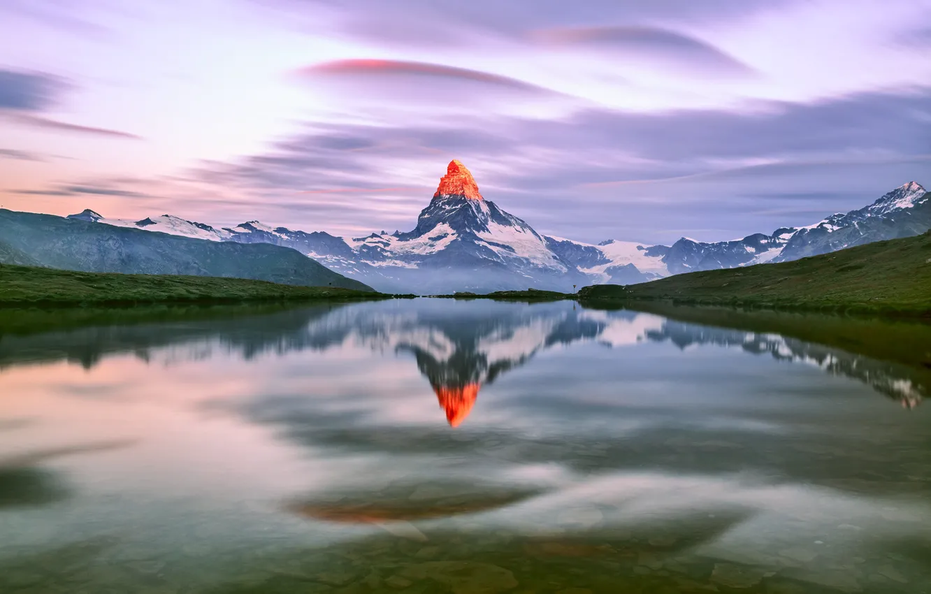 Photo wallpaper the sky, clouds, light, mountains, lake, morning, Alps, top