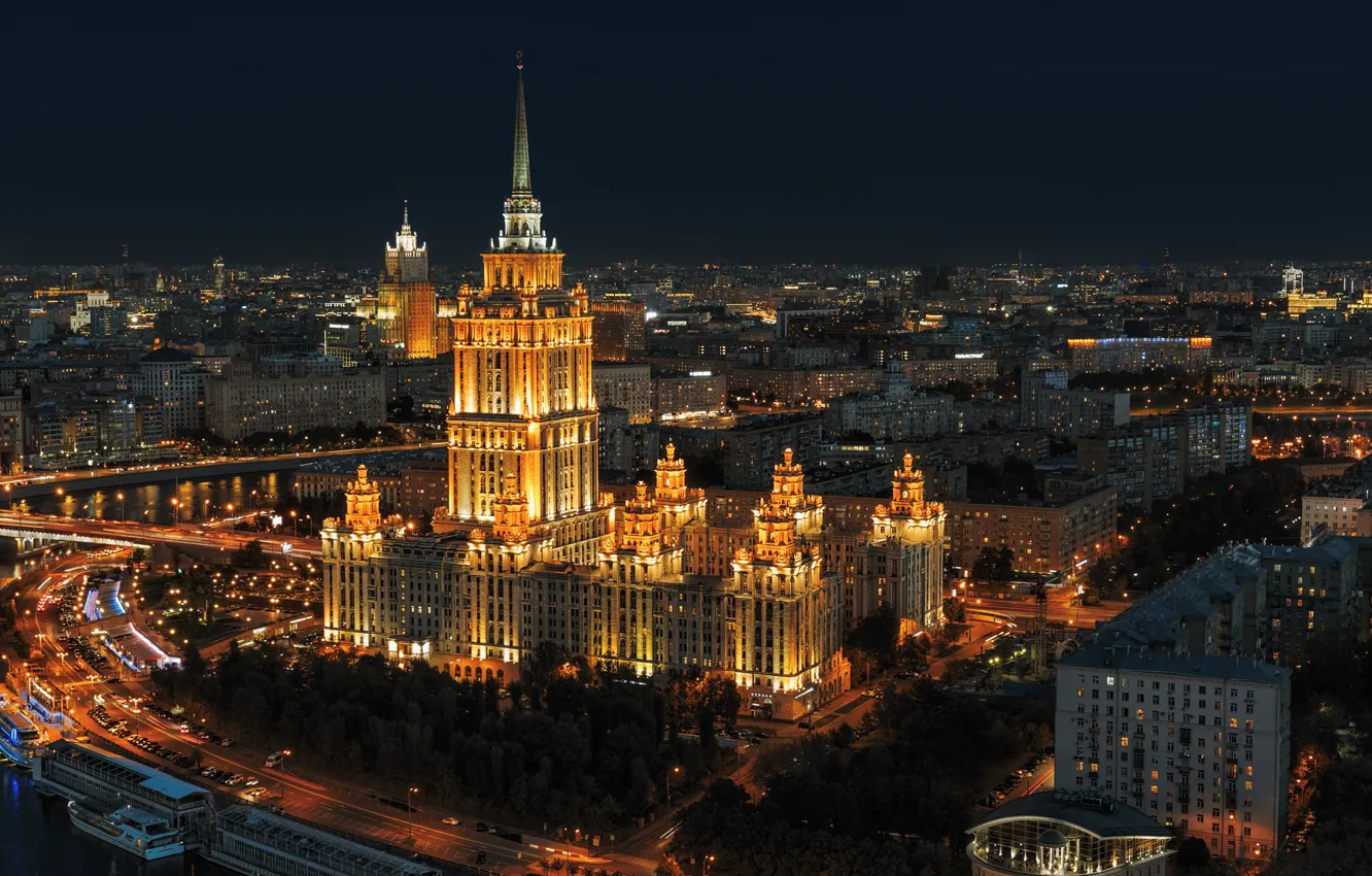 Photo wallpaper the city, building, height, home, the evening, lighting, Moscow, architecture