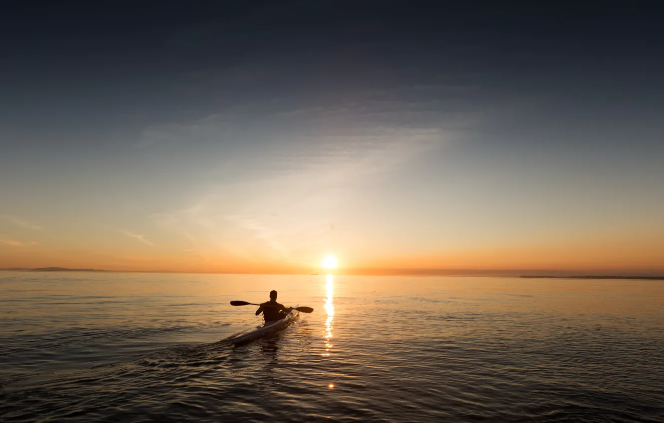 Photo wallpaper the sky, the sun, sunset, lake, boat, dal, the evening, horizon