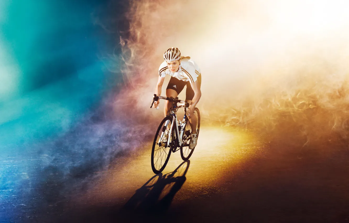 Photo wallpaper road, girl, light, bike, background, color, Olympics