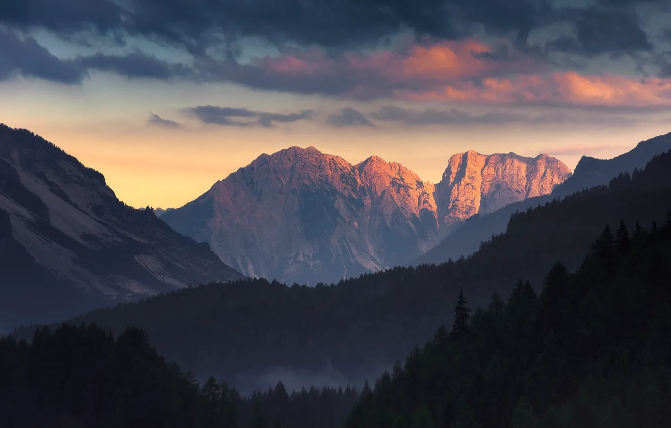 Photo wallpaper the sky, clouds, trees, sunset, mountains, nature, rocks, the evening