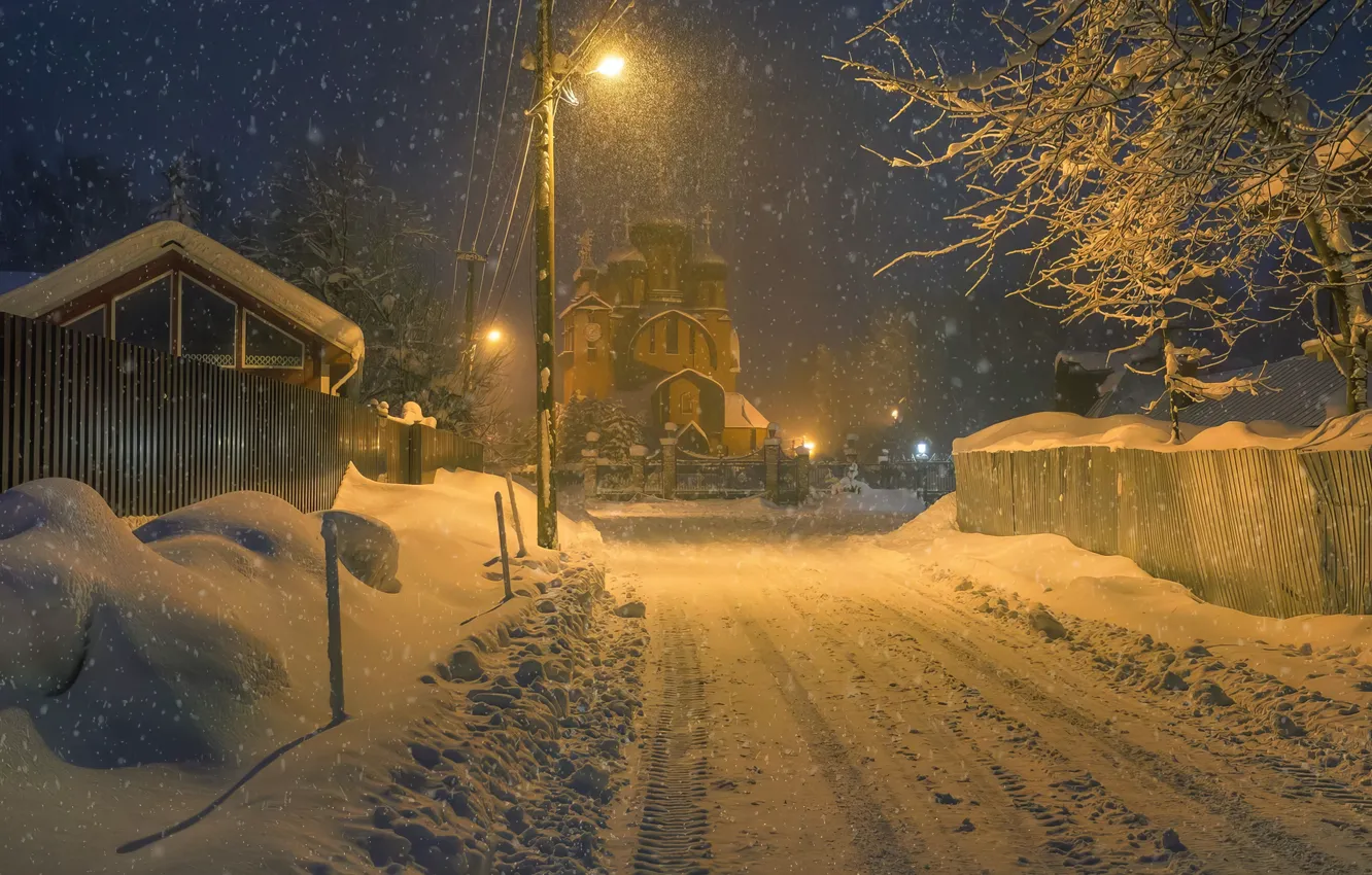 Photo wallpaper snow, home, winter night, snow, houses, Winter night