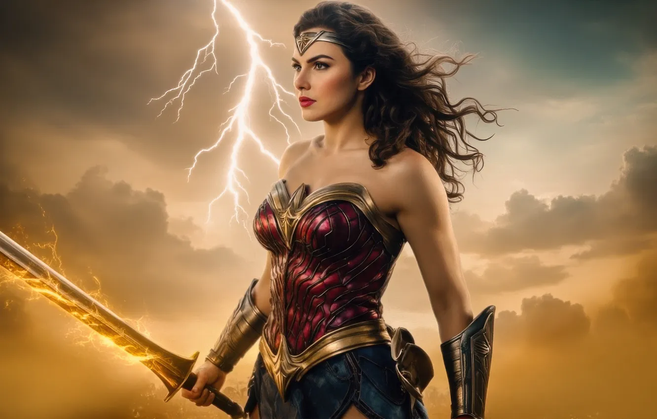 Photo wallpaper Wonder Woman, hero, swooping