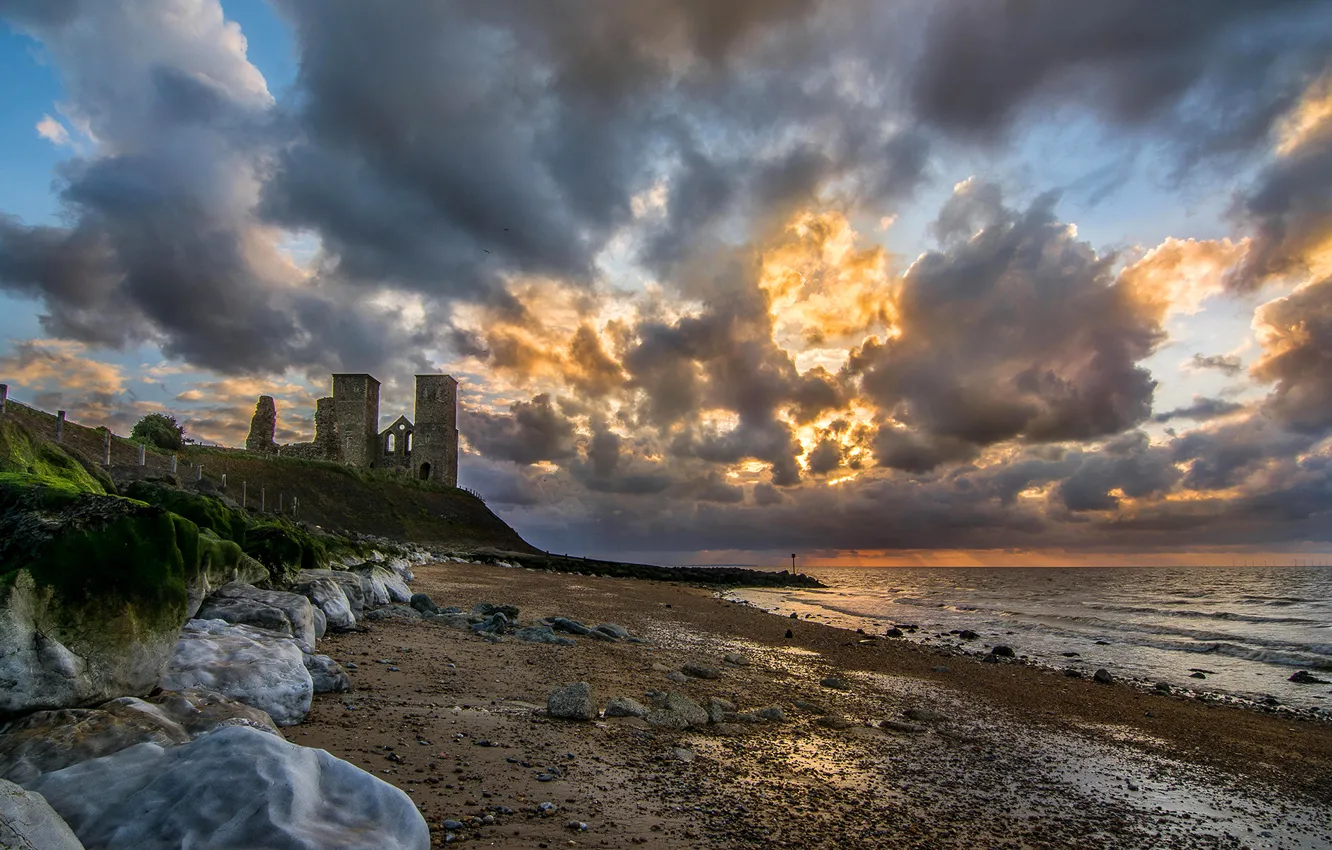 Photo wallpaper sea, the sky, clouds, stones, England, slope, the ruins