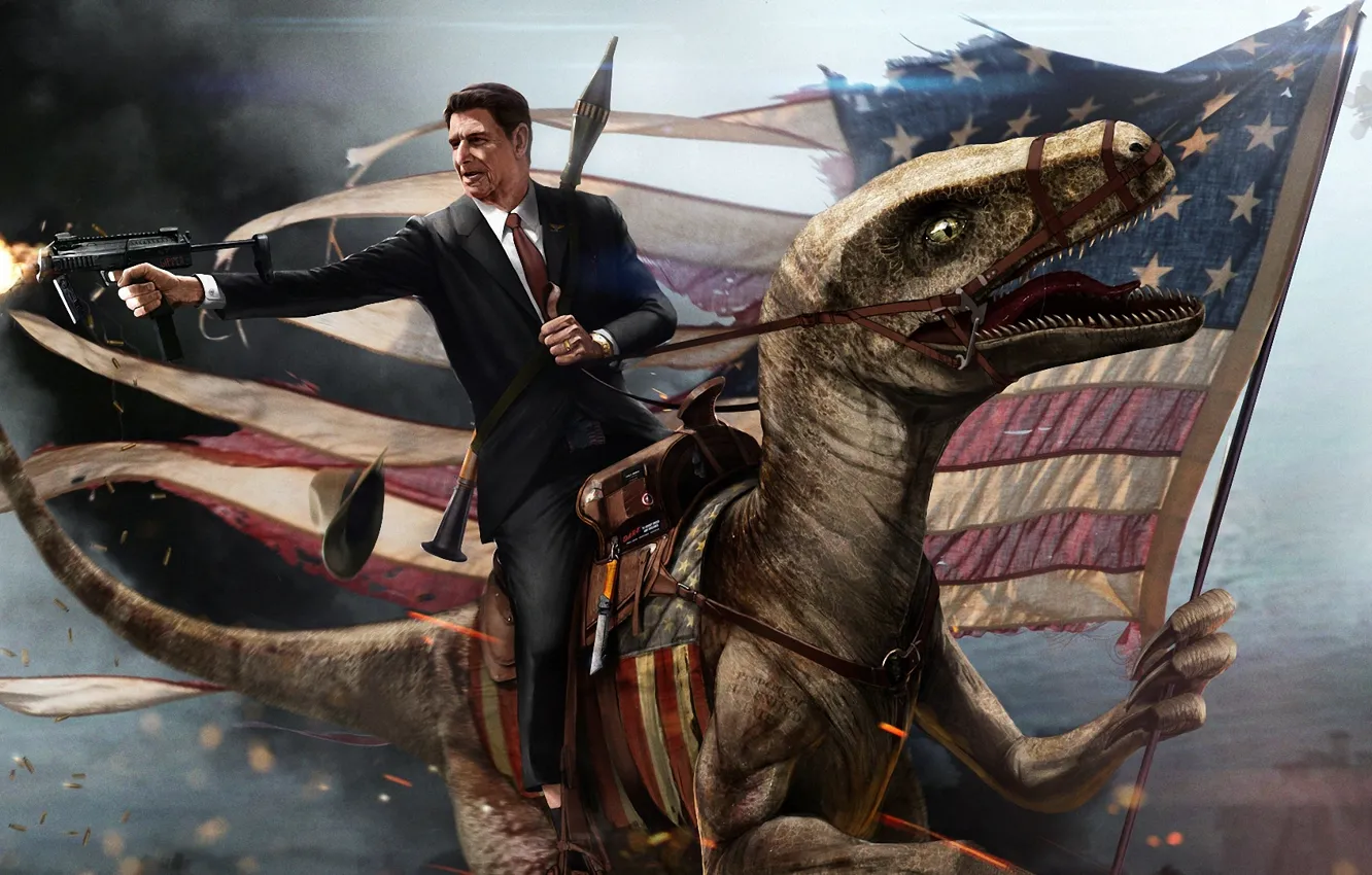 Photo wallpaper weapons, dinosaur, art, machine, RONALD REAGAN, USA flag, VelociRaptor