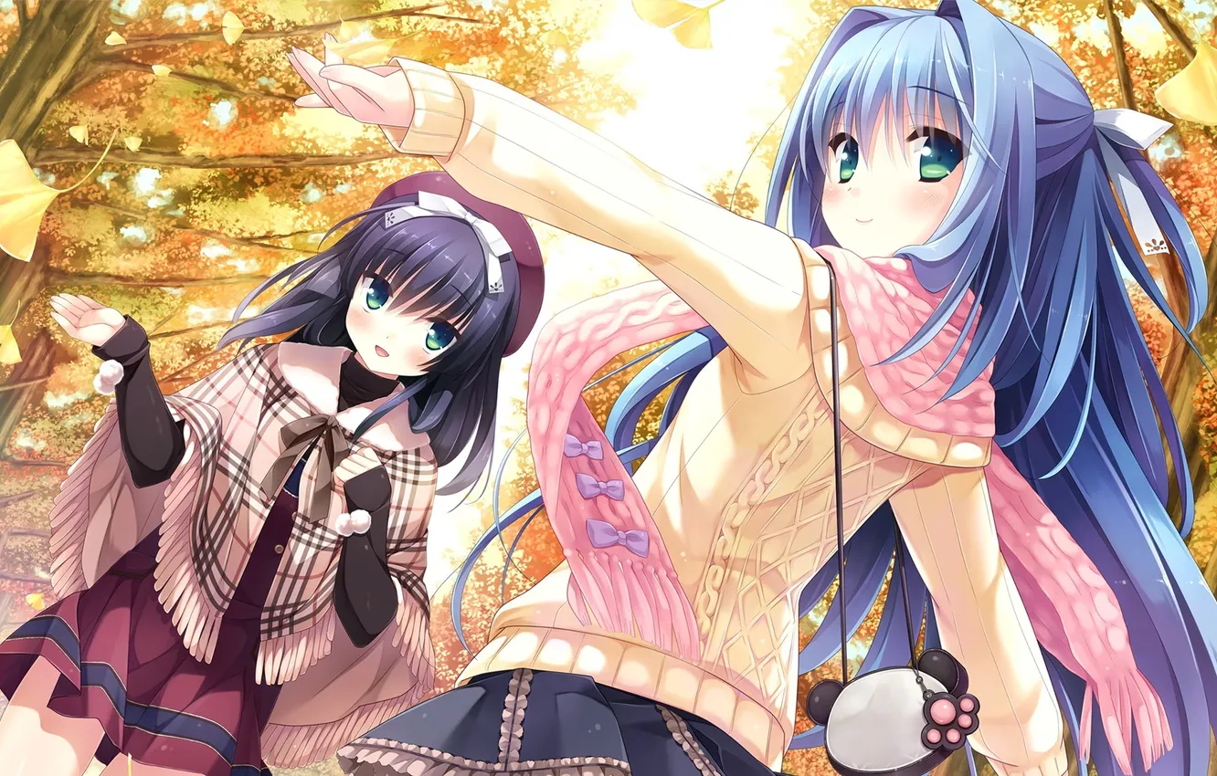 Photo wallpaper autumn, leaves, trees, art, girl, Kanekiyo Miwa, Kurano Ema, Kurano Yae