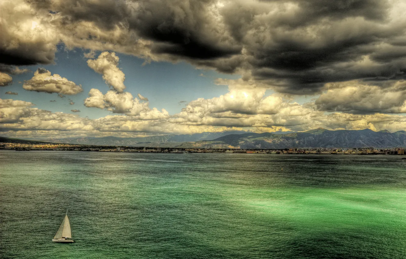 Photo wallpaper sea, clouds, mountains, coast, home, yacht, Italy, sail