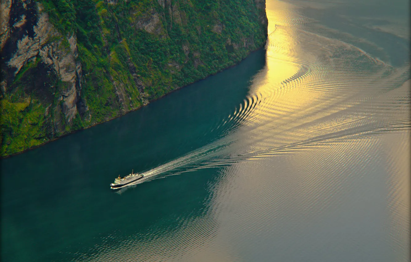 Photo wallpaper sea, wave, traces, rocks, boat