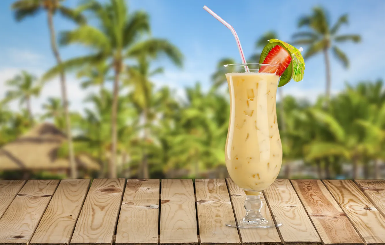 Photo wallpaper sea, beach, palm trees, cocktail, summer, beach, sea, paradise