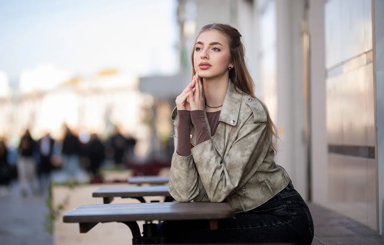 Photo wallpaper girl, pose, hands, jacket, long hair, Dmitry Shulgin, Ksenia Galchuk