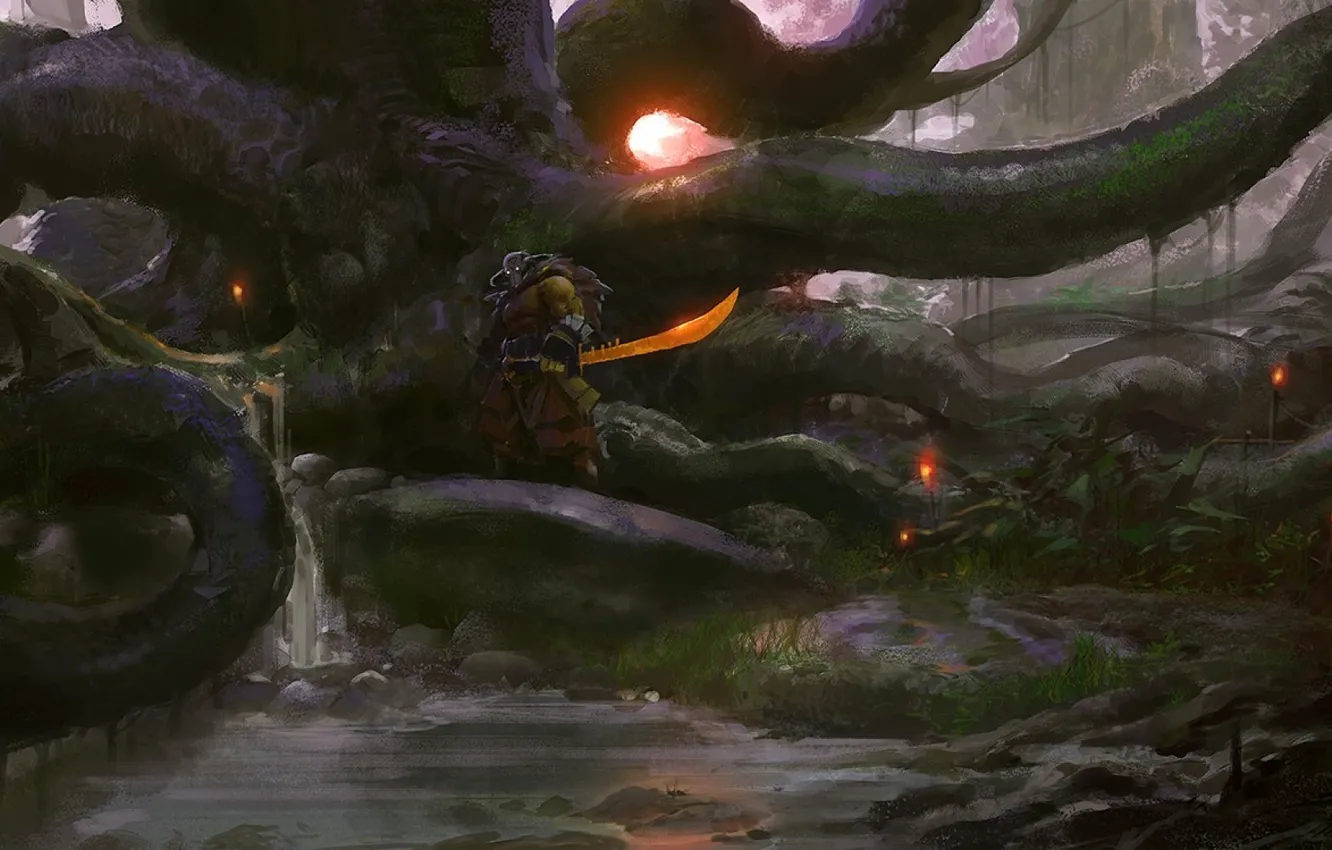 Photo wallpaper forest, trees, stream, art, juggernaut, dota 2, swordsman