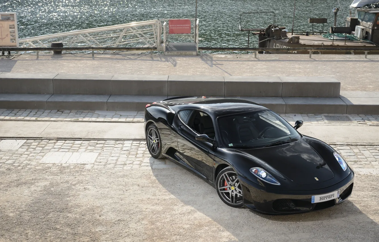 Photo wallpaper black, ferrari, Ferrari, black, promenade, f430, the view from the top, headlights