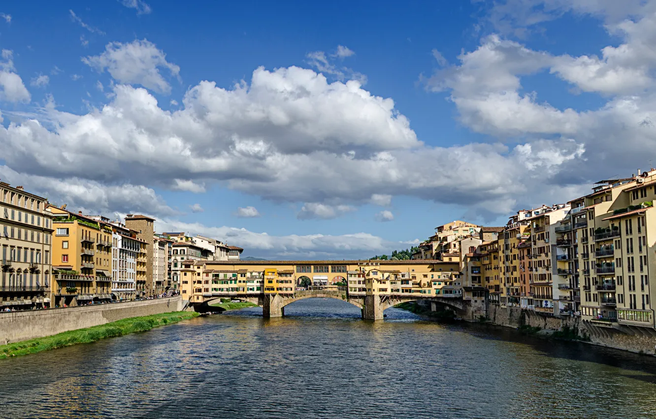 Photo wallpaper the sky, bridge, river, home, Italy, panorama, Florence, The Ponte Vecchio
