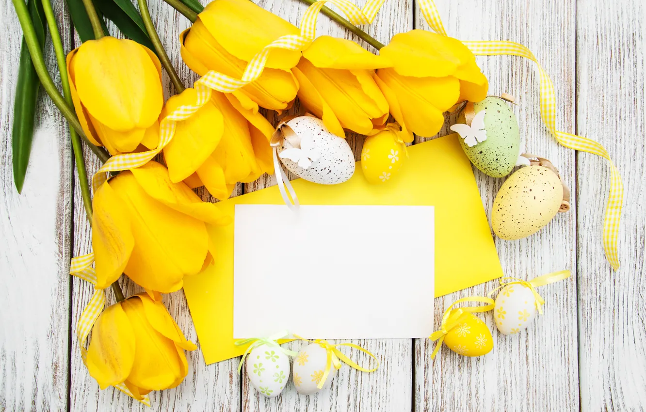 Photo wallpaper flowers, eggs, spring, colorful, Easter, tulips, yellow, wood