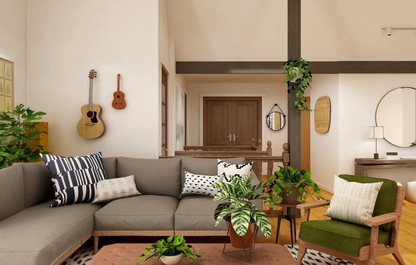 Photo wallpaper room, sofa, guitar, interior, plants, chair, pillow, mirror