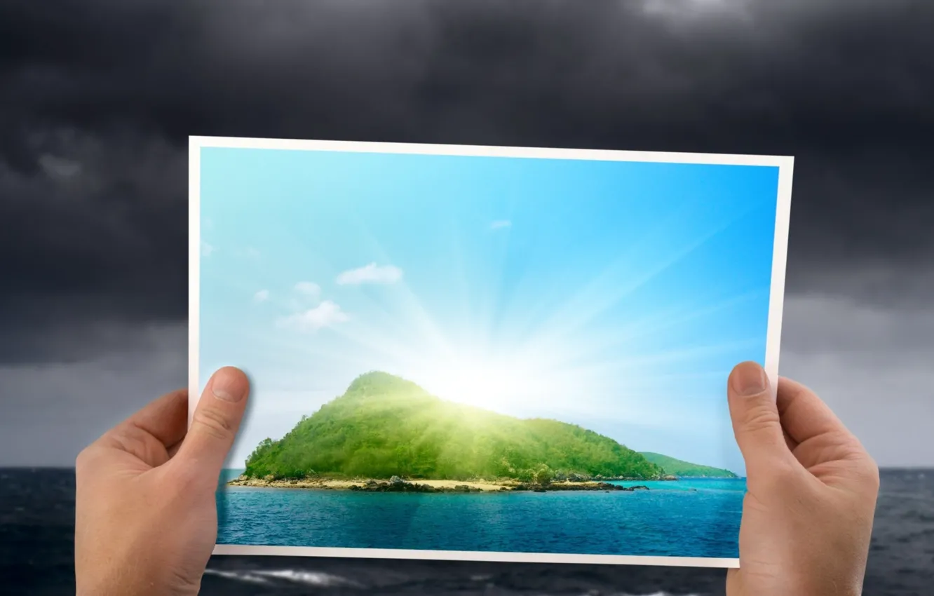 Photo wallpaper sea, the sky, clouds, photo, island, hands, picture-in-picture