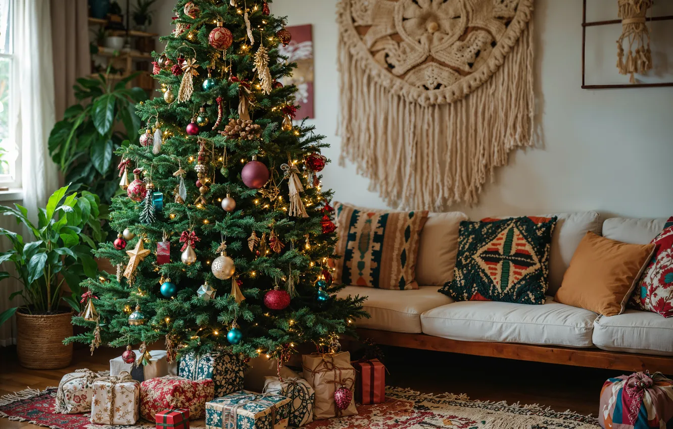 Photo wallpaper room, tree, new year, interior, Christmas, Christmas, view, tree