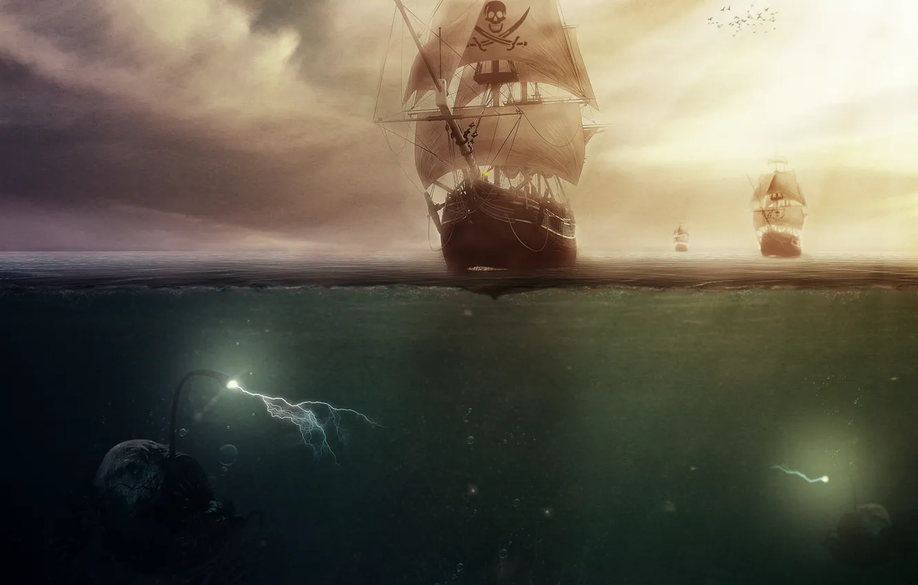 Photo wallpaper sea, ship, monsters, pirates