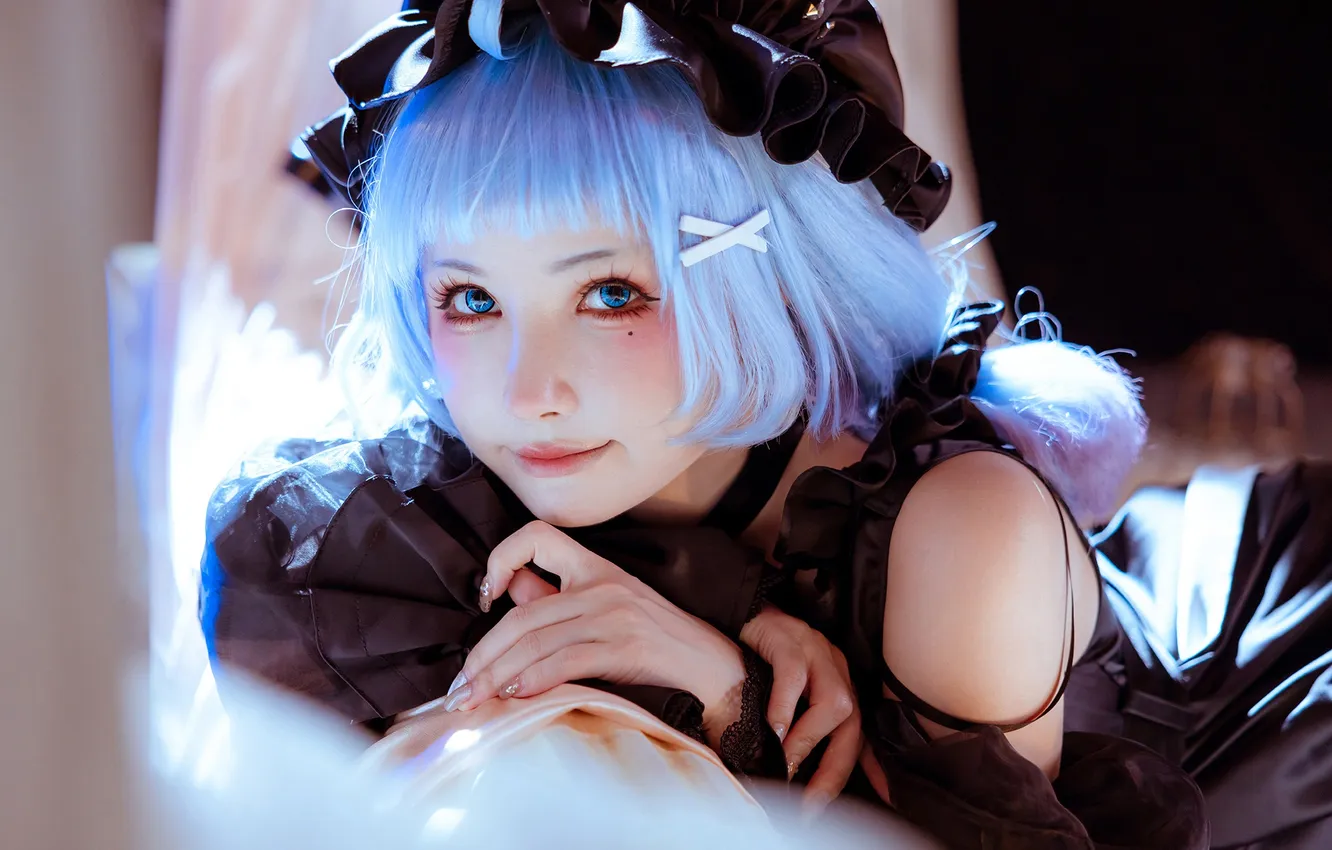 Photo wallpaper girl, anime, blue hair, takes, cosplay
