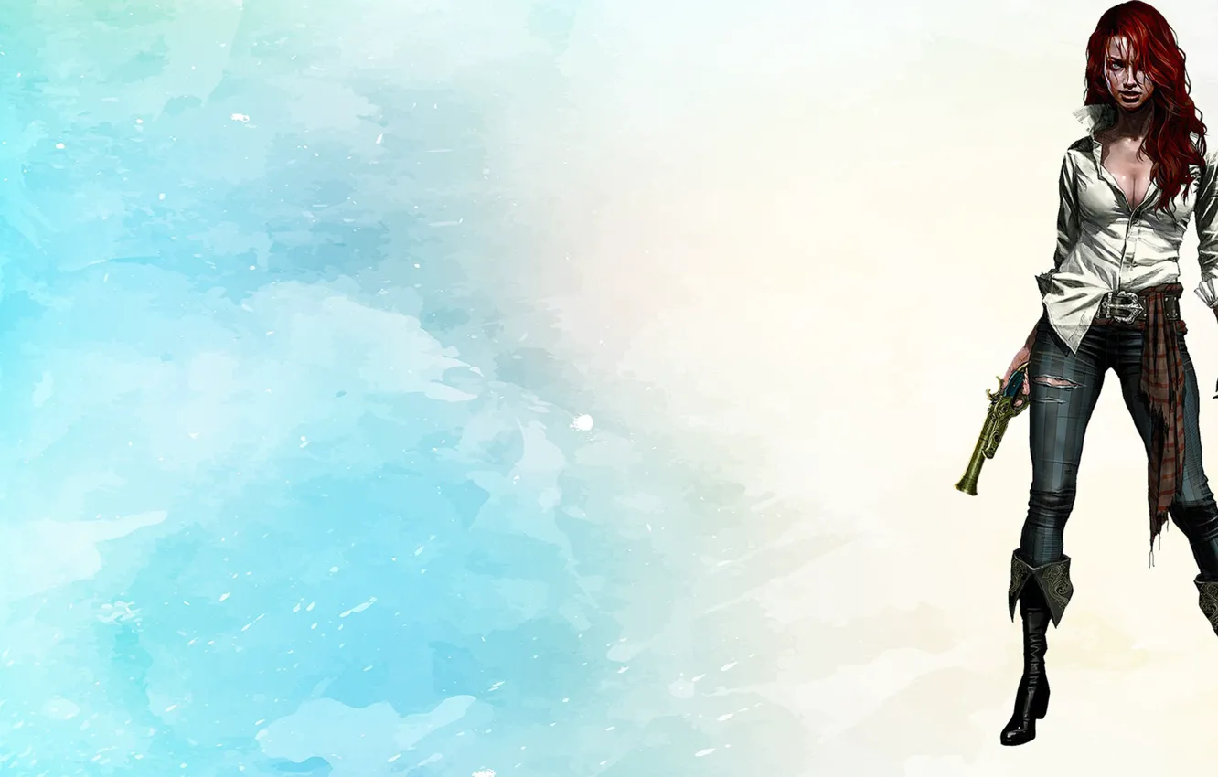 Photo wallpaper girl, game, cleavage, Pirates, boobs, breast, Guns, redhead