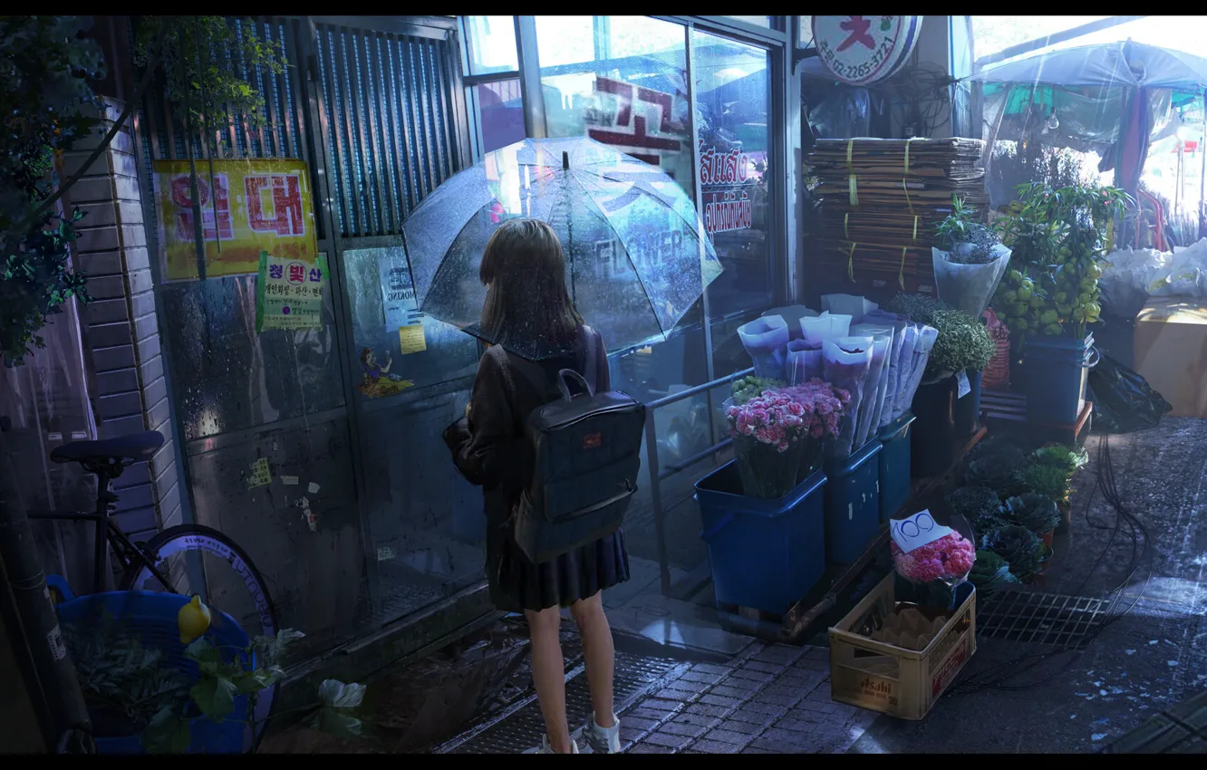 Photo wallpaper flowers, rain, mood, umbrella, art, girl, children's, shop
