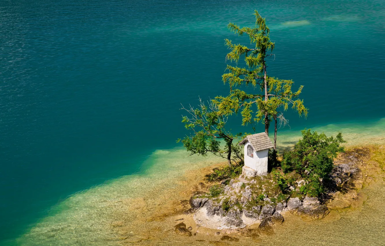 Photo wallpaper water, trees, nature, lake, house, island