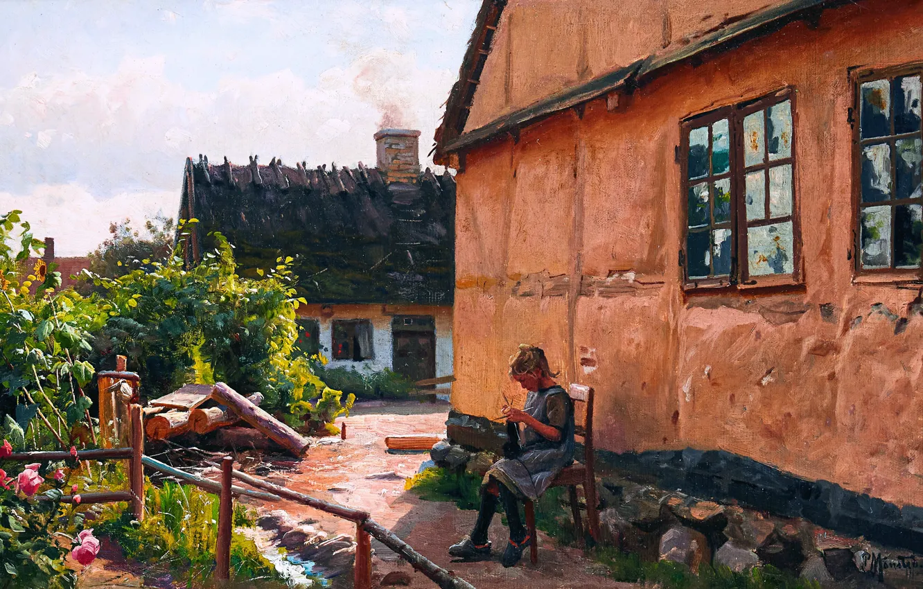 Photo wallpaper girl, home, picture, Peder Mork Monsted, Danish painter, Peter Merk Of Menstad, Peder Mørk Mønsted, …