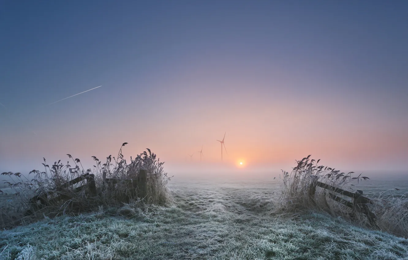 Photo wallpaper frost, field, the plane, The sun, windmills, field, Sun, plane