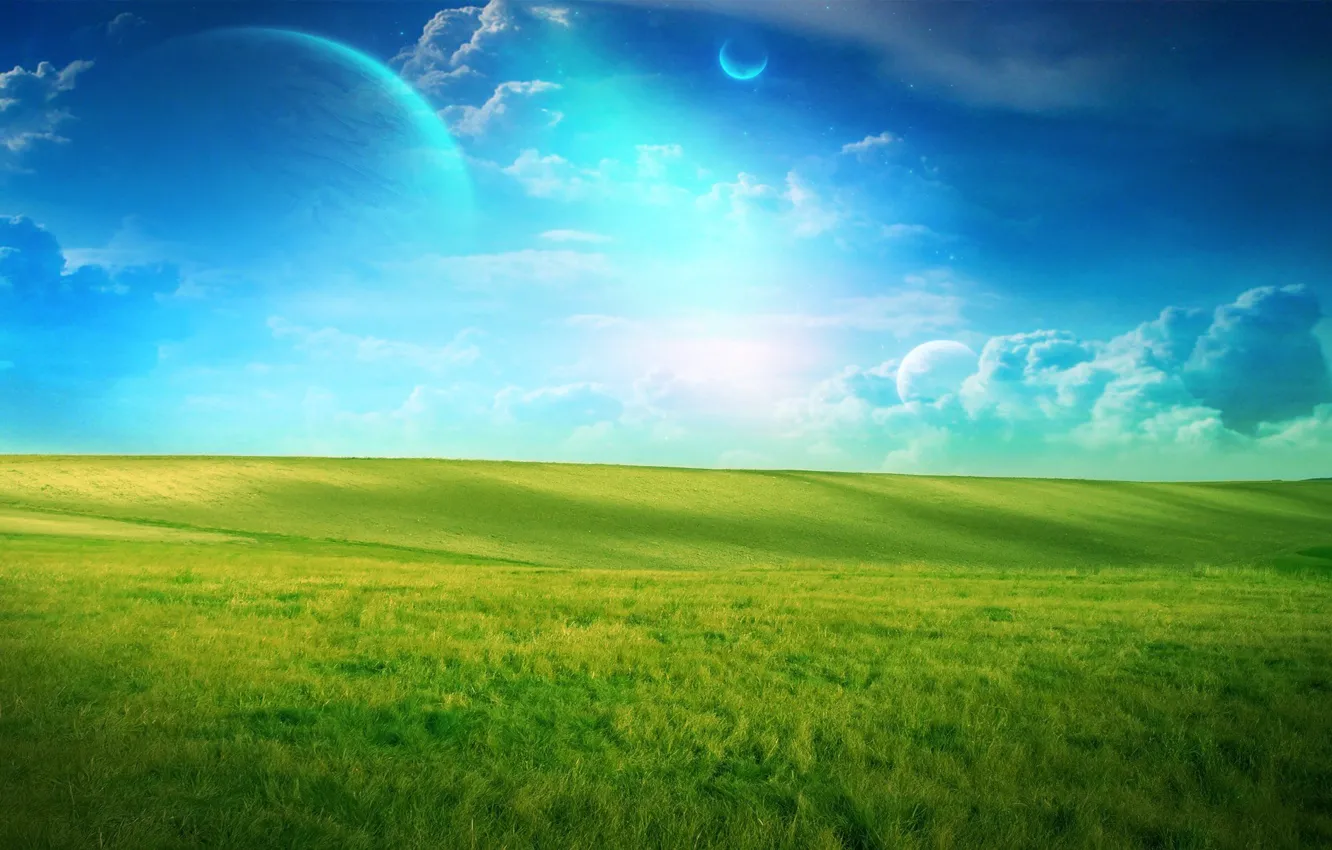 Photo wallpaper field, clouds, green, planet