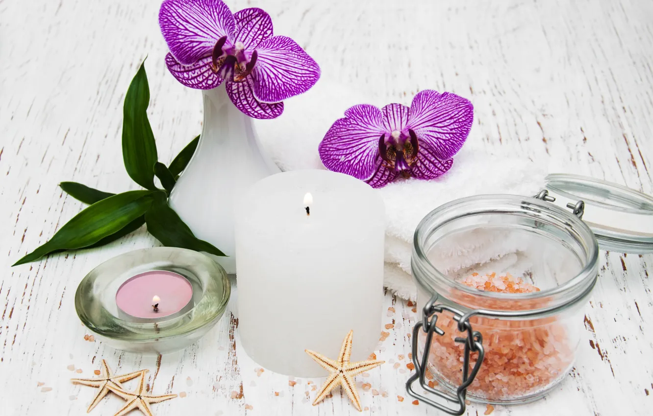 Photo wallpaper flowers, candle, orchids, Spa, starfish, sea salt