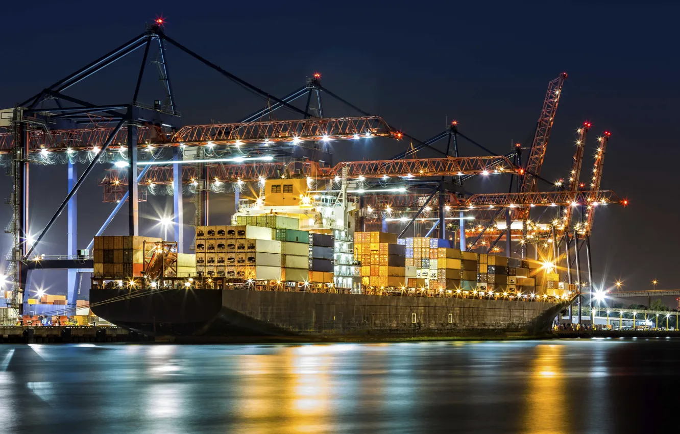Photo wallpaper Port, Night, The ship, A container ship, Cranes, Zaton, Container terminal, Cargo operations