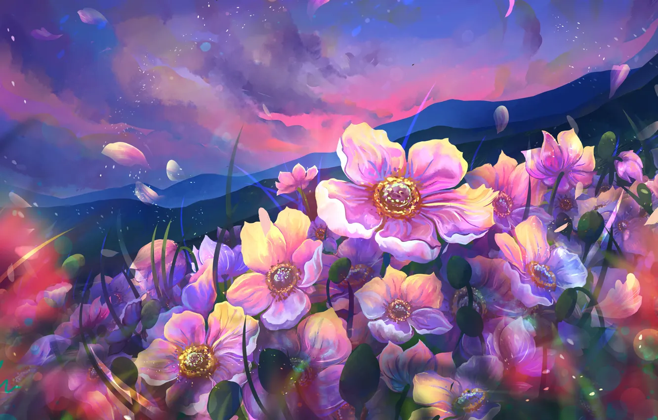 Photo wallpaper flowers, mountains, petals