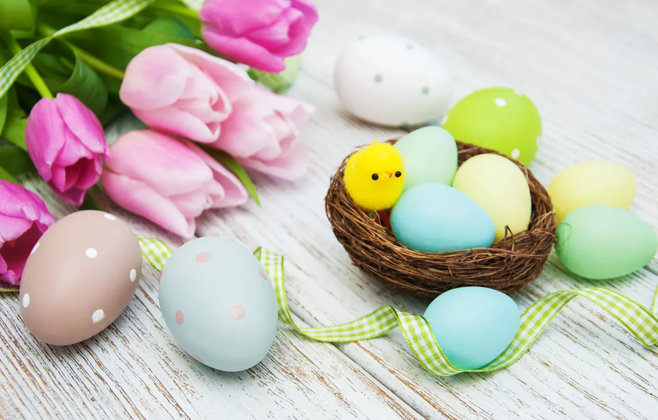 Photo wallpaper flowers, eggs, spring, colorful, Easter, tulips, wood, pink