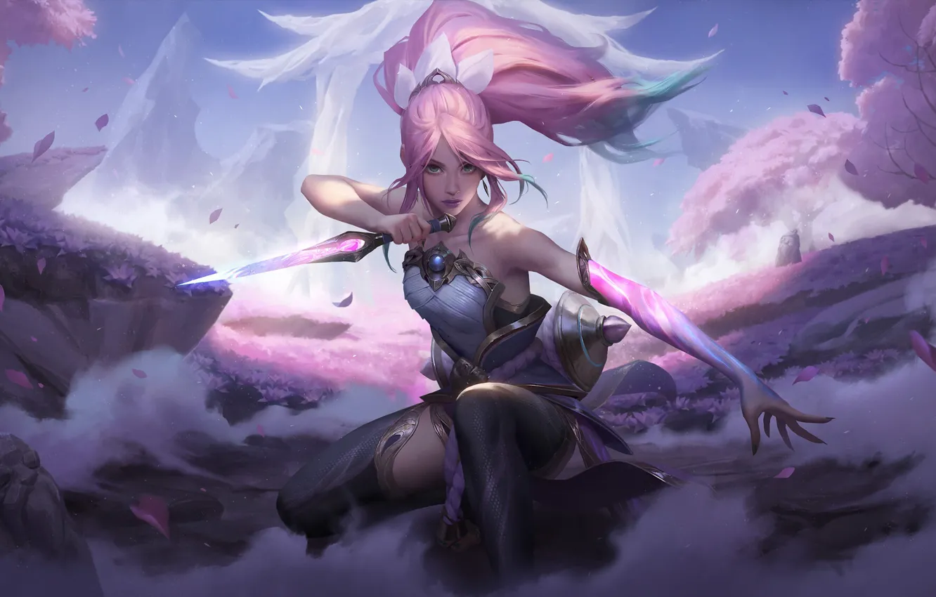 Photo wallpaper pink hair, pink, women, cherry blossom, League of Legends, fantasy art, drawing, dagger