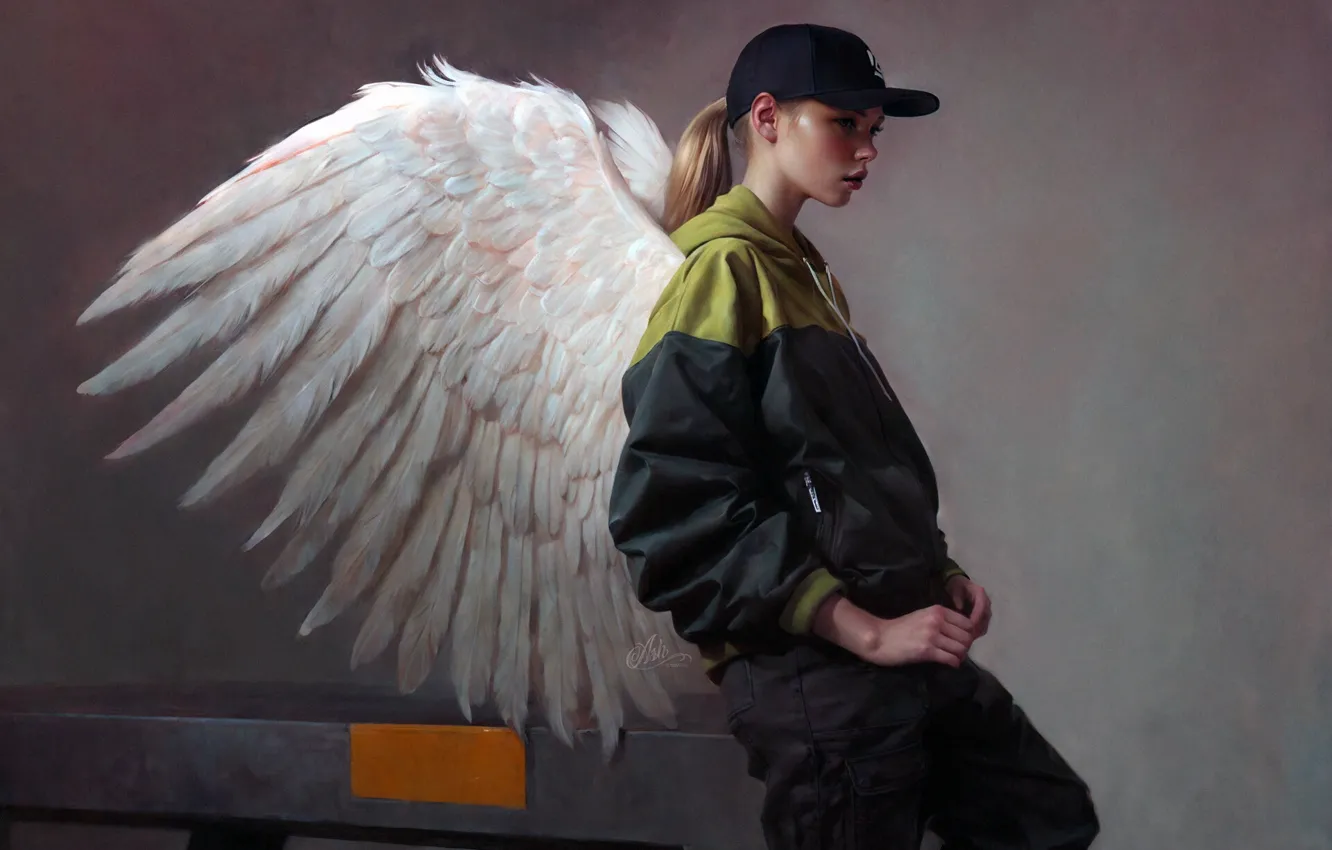 Photo wallpaper long hair, wings, ponytail, women, blonde, digital art, artwork, standing