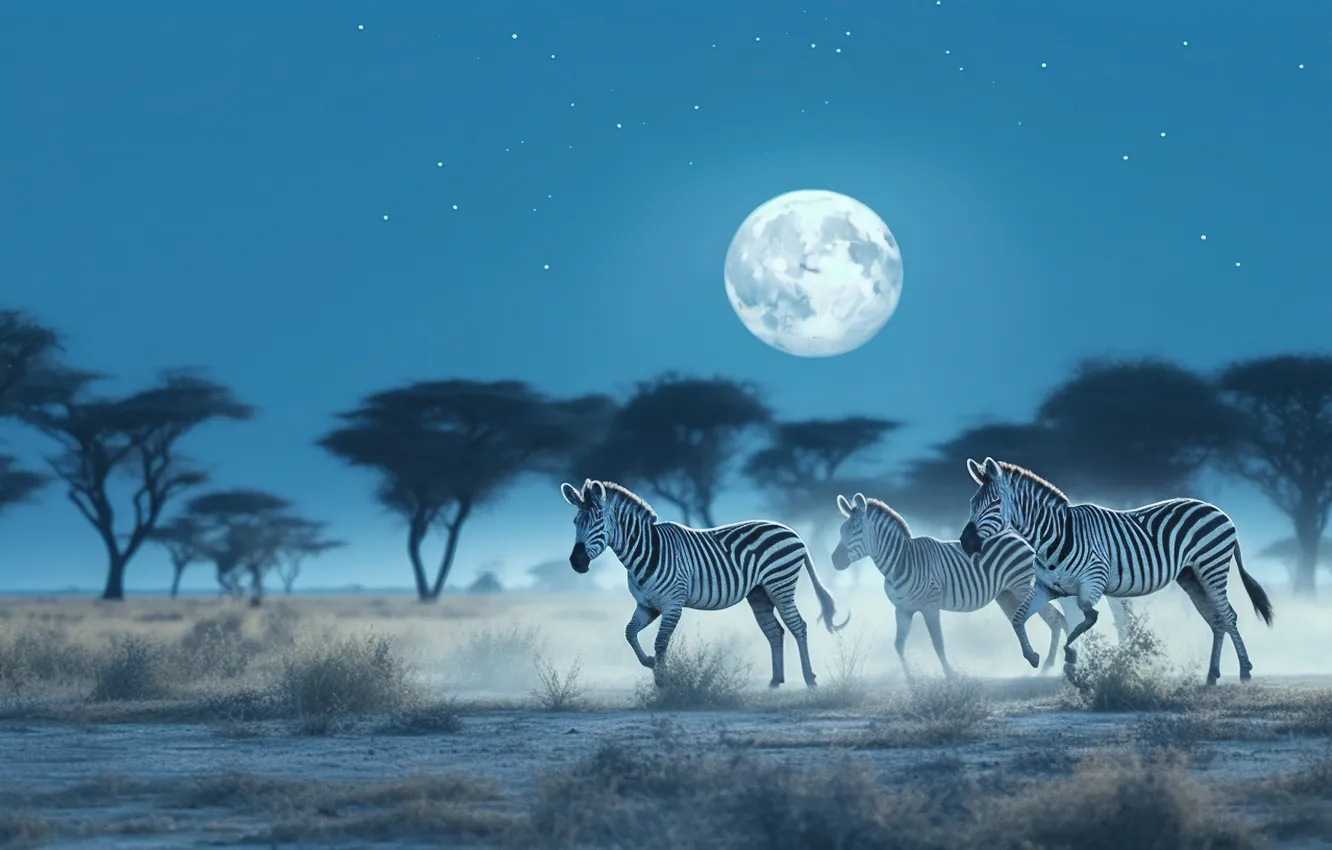 Photo wallpaper trees, night, the moon, running, Zebra, the full moon, three, digital art