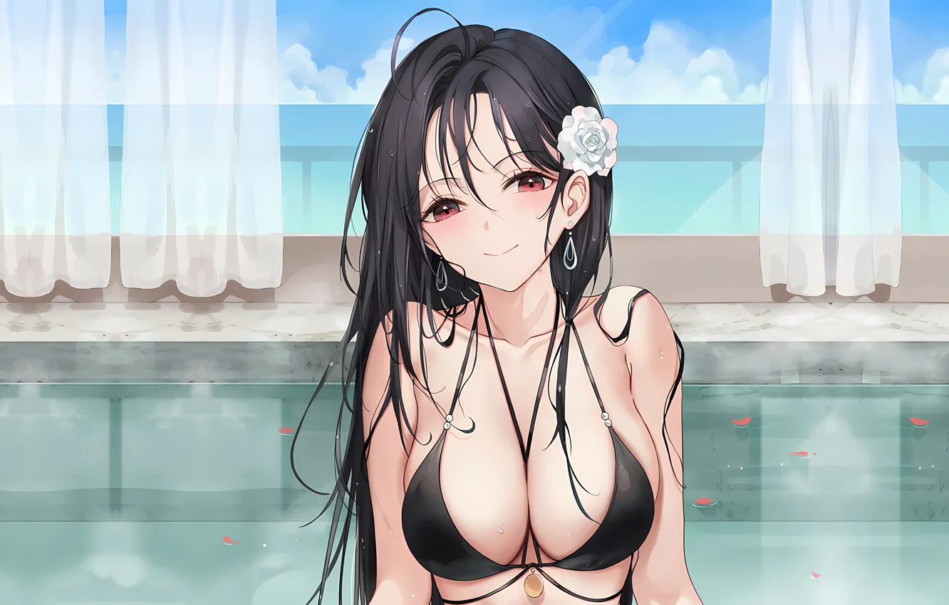 Photo wallpaper girl, sexy, wet, pool, cleavage, long hair, boobs, anime