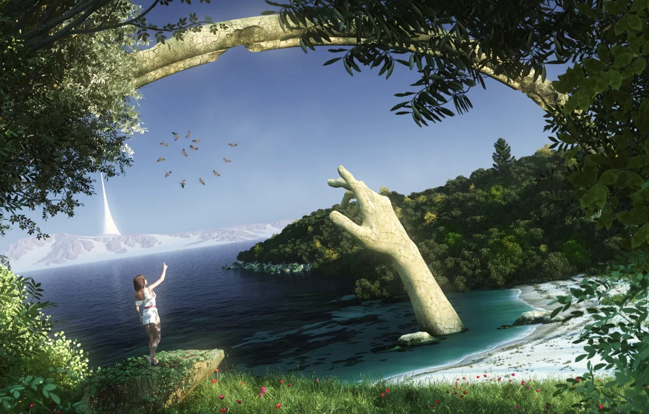 Photo wallpaper sand, sea, girl, snow, trees, landscape, flowers, mountains