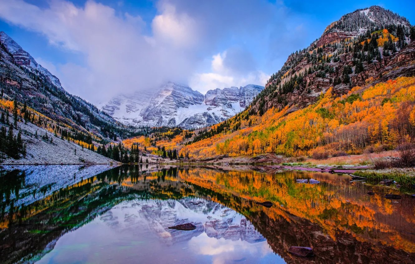 Photo wallpaper autumn, trees, mountains, lake, Colorado, USA, Aspen